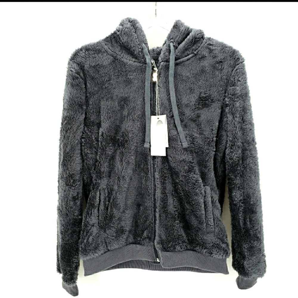 Teddy Jacket Fuzzy Faux Fur Charcoal Zip Up With Hood Jacket Size Small